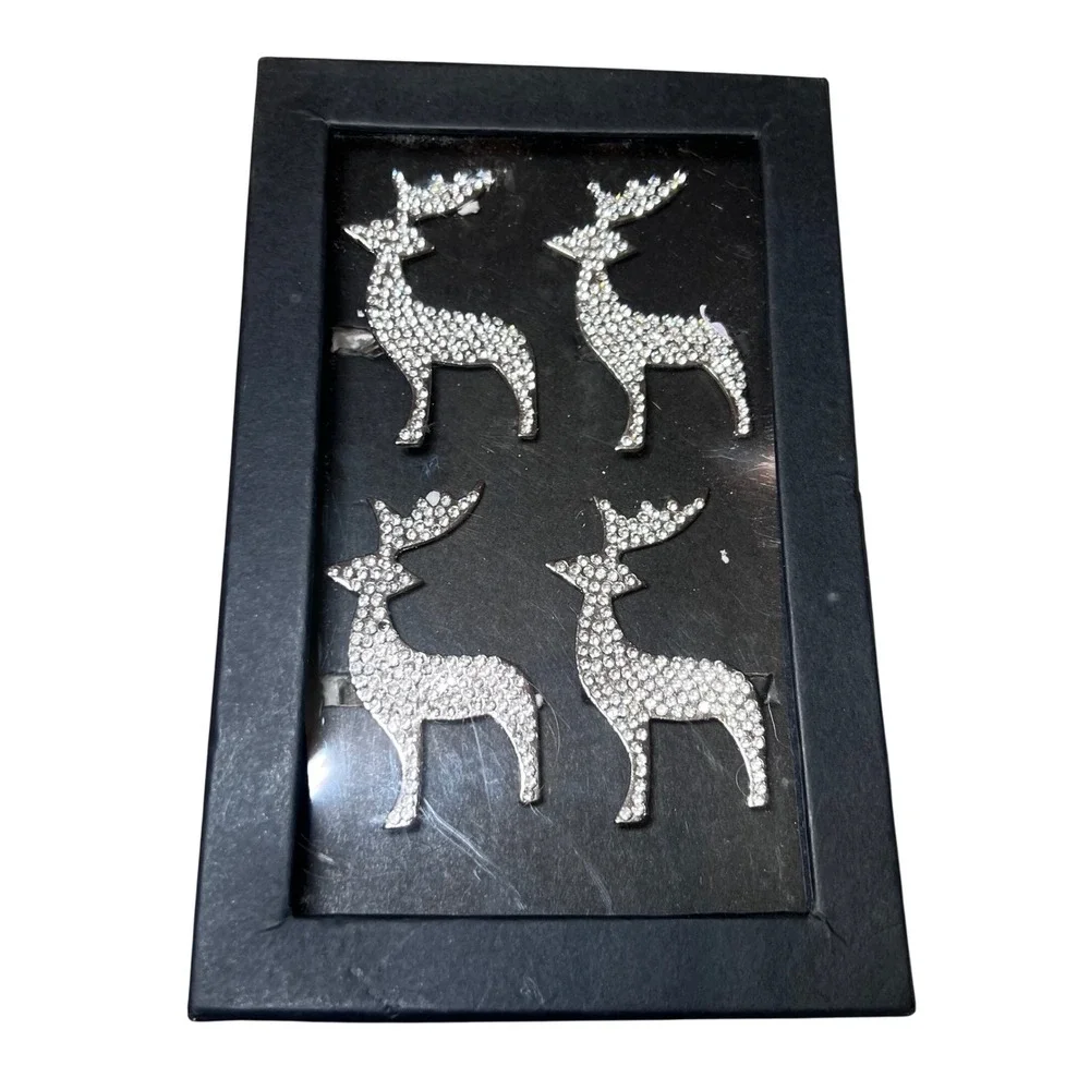 Rachel Zoe Set of 4 Rhinestone Reindeer Napkin Rings Silver Metal Holiday Decor